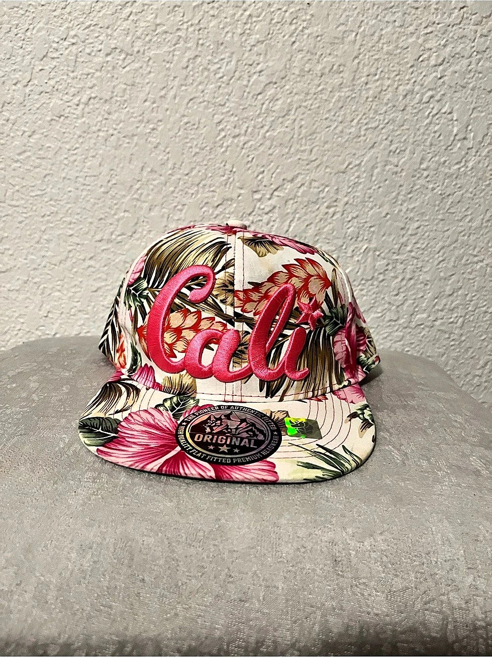 Floral Embroidered Snapback Hat in Pink & Cream
